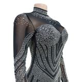 Women's Fashion Solid Color Mesh Beaded Long Sleeve Dress
