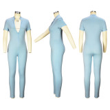 Sexy Ladies Jumpsuit Tight Spring Summer Slim Short Sleeve Zipper Tight Jumpsuit