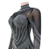 Women's Fashion Solid Color Mesh Beaded Long Sleeve Dress