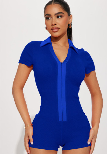 Women's Clothing Sexy Fashion Solid Turndown Collar Short Sleeve Zipper Ribbed Jumpsuit