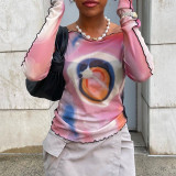 Autumn Round Neck Pullover Long Sleeve Mesh Print Crop Top T-Shirt Women