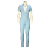 Sexy Ladies Jumpsuit Tight Spring Summer Slim Short Sleeve Zipper Tight Jumpsuit