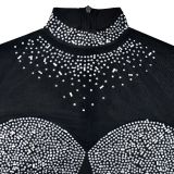 Women's Fashion Solid Color Mesh Beaded Long Sleeve Dress