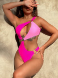 Contrast Color One Shoulder Bathing Suit Sexy One Piece Swimsuit