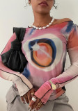 Autumn Round Neck Pullover Long Sleeve Mesh Print Crop Top T-Shirt Women