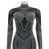 Women's Fashion Solid Color Mesh Beaded Long Sleeve Dress