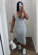 Fashion Solid Color Casual Fashion Sexy Deep V Ribbed Dress