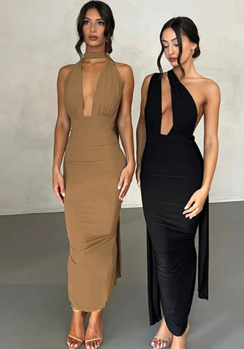 Ladies Summer Fashion Sexy Deep V Low Back Pleated Slit Dress