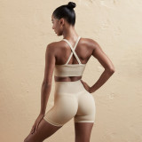 Women Seamless Tank Crossover Straps Top and Running Fitness Yoga Pants Two-Piece Set
