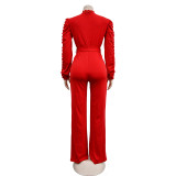 Women Belt Lace Cutout Solid Long Sleeve Jumpsuit