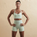 Women Seamless Tank Crossover Straps Top and Running Fitness Yoga Pants Two-Piece Set