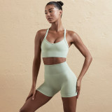 Women Seamless Tank Crossover Straps Top and Running Fitness Yoga Pants Two-Piece Set