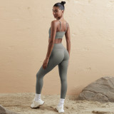 Women Seamless Tank Crossover Straps Top and Running Fitness Yoga Pants Two-Piece Set