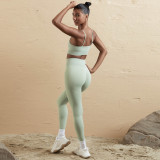 Women Seamless Tank Crossover Straps Top and Running Fitness Yoga Pants Two-Piece Set