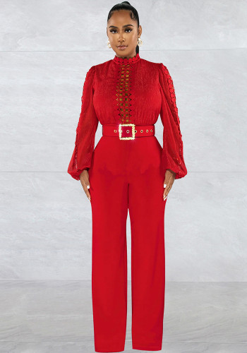 Women Belt Lace Cutout Solid Long Sleeve Jumpsuit
