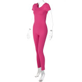 Summer Women Solid Short Sleeve Backless Jumpsuit