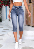 Women's Denim Pants Elastic Waist Drawstring High Waist Ripped Denim Pants Women's High Stretch Denim Shorts