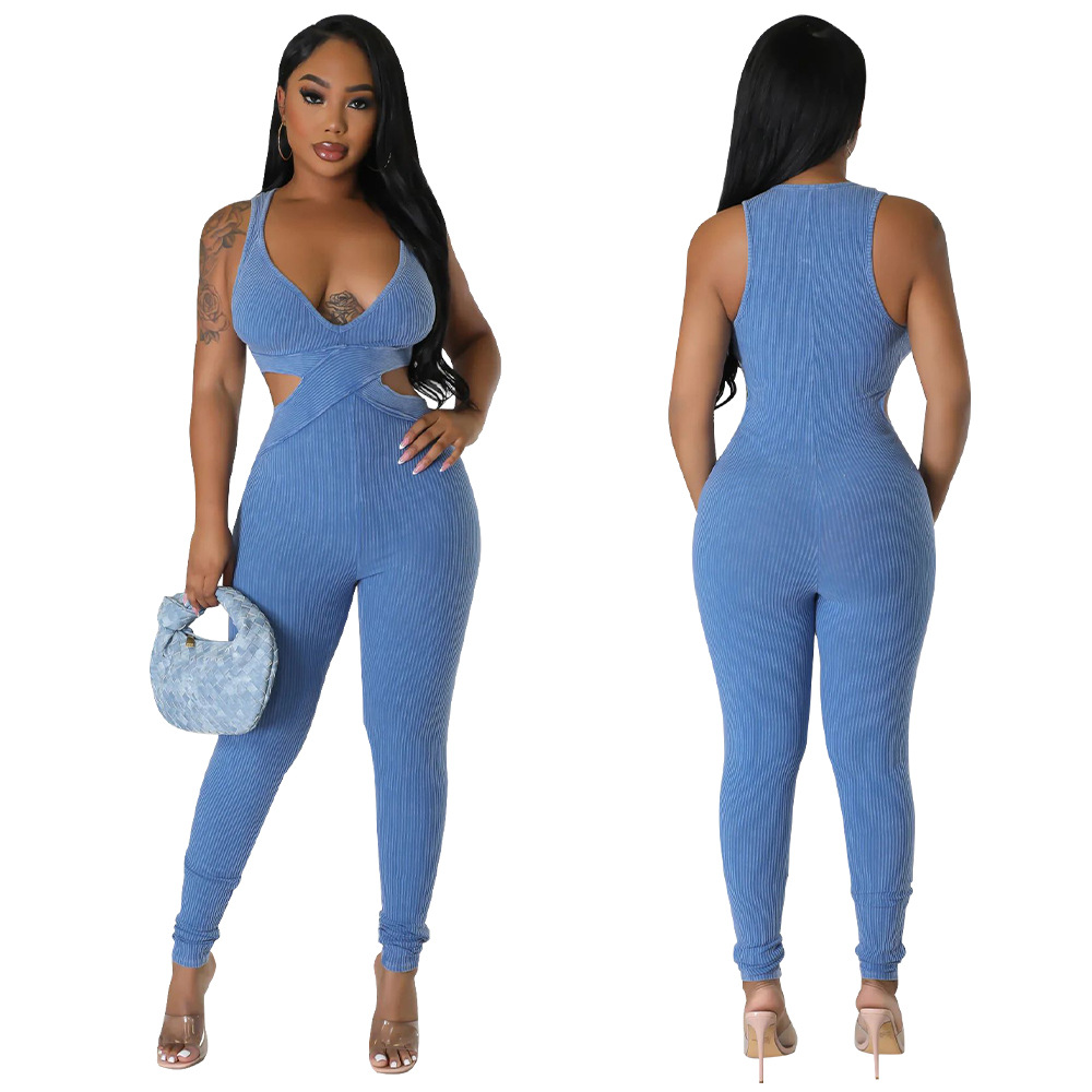 Sleeveless Deep V-Neck Tight Fitting Jumpsuit for Clubwear