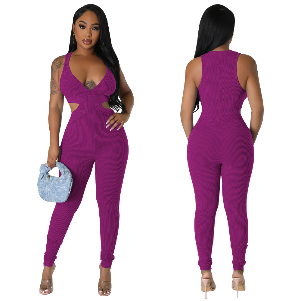 Sleeveless Deep V-Neck Tight Fitting Jumpsuit for Clubwear