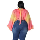 Plus Size Women's Round Neck Open Back Chiffon Lace Up Top Women