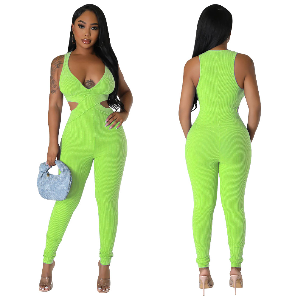 Sleeveless Deep V-Neck Tight Fitting Jumpsuit for Clubwear