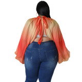 Plus Size Women's Round Neck Open Back Chiffon Lace Up Top Women