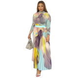 Fashionable Long-Sleeved Top Elegant Pleated Skirt Two-Piece Set