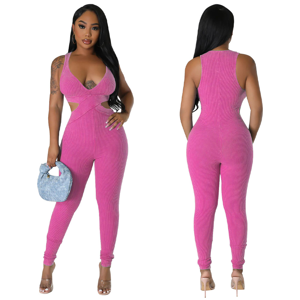 Sleeveless Deep V-Neck Tight Fitting Jumpsuit for Clubwear