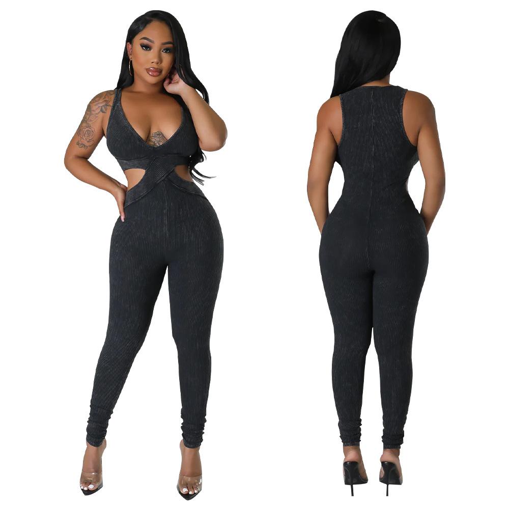 Sleeveless Deep V-Neck Tight Fitting Jumpsuit for Clubwear