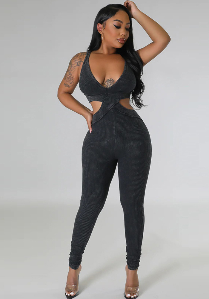 Sleeveless Deep V-Neck Tight Fitting Jumpsuit for Clubwear