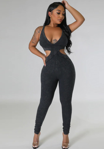 Fashion Women's Sleeveless Sexy Deep V Neck Tight Fitting Jumpsuit