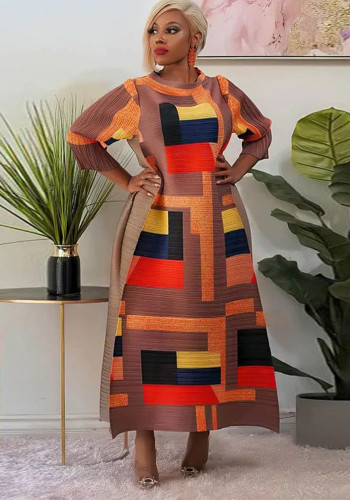 Ladies Round Neck Print Pleated Dress