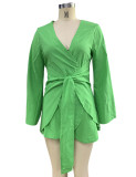 Ladies Fashion Chic Bell Bottom Sleeve V Neck Linen Dress
