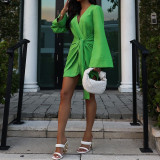 Ladies Fashion Chic Bell Bottom Sleeve V Neck Linen Dress