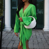 Ladies Fashion Chic Bell Bottom Sleeve V Neck Linen Dress