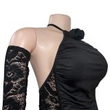 Women's Fashion Solid Color Long Gloves Hollow Lace Long Dress