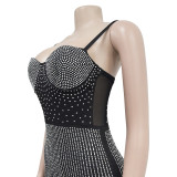 Women's Fashion Mesh Beaded Sleeveless Slip Dress（customized,MOQ 6pcs/size/color,process time 7-10 days）