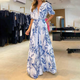 Summer Ladies Fashion V Neck Loose Maxi Print Dress
