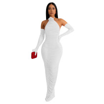 Women's Fashion Solid Color Long Gloves Hollow Lace Long Dress