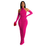 Women's Fashion Solid Color Long Gloves Hollow Lace Long Dress