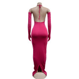 Women's Fashion Solid Color Long Gloves Hollow Lace Long Dress