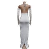 Women's Fashion Solid Color Long Gloves Hollow Lace Long Dress