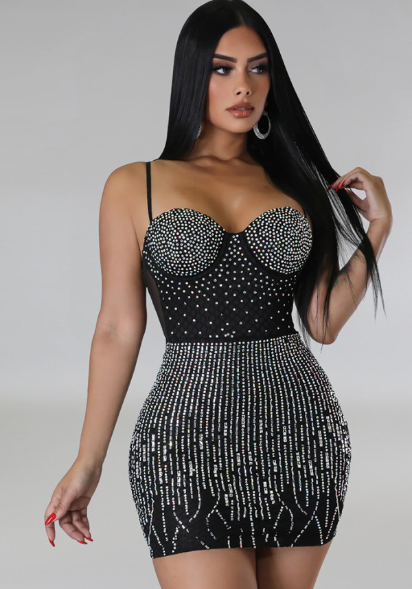 Women's Fashion Mesh Beaded Sleeveless Slip Dress（customized,MOQ 6pcs/size/color,process time 7-10 days）