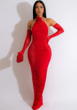 Women's Fashion Solid Color Long Gloves Hollow Lace Long Dress