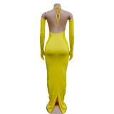 Women's Fashion Solid Color Long Gloves Hollow Lace Long Dress
