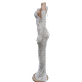Women's Fashion Solid Color Long Gloves Hollow Lace Long Dress