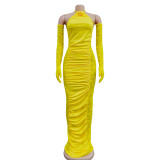 Women's Fashion Solid Color Long Gloves Hollow Lace Long Dress