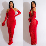 Women's Fashion Solid Color Long Gloves Hollow Lace Long Dress
