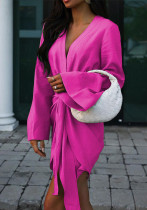 Ladies Fashion Chic Bell Bottom Sleeve V Neck Linen Dress