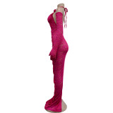 Women's Fashion Solid Color Long Gloves Hollow Lace Long Dress